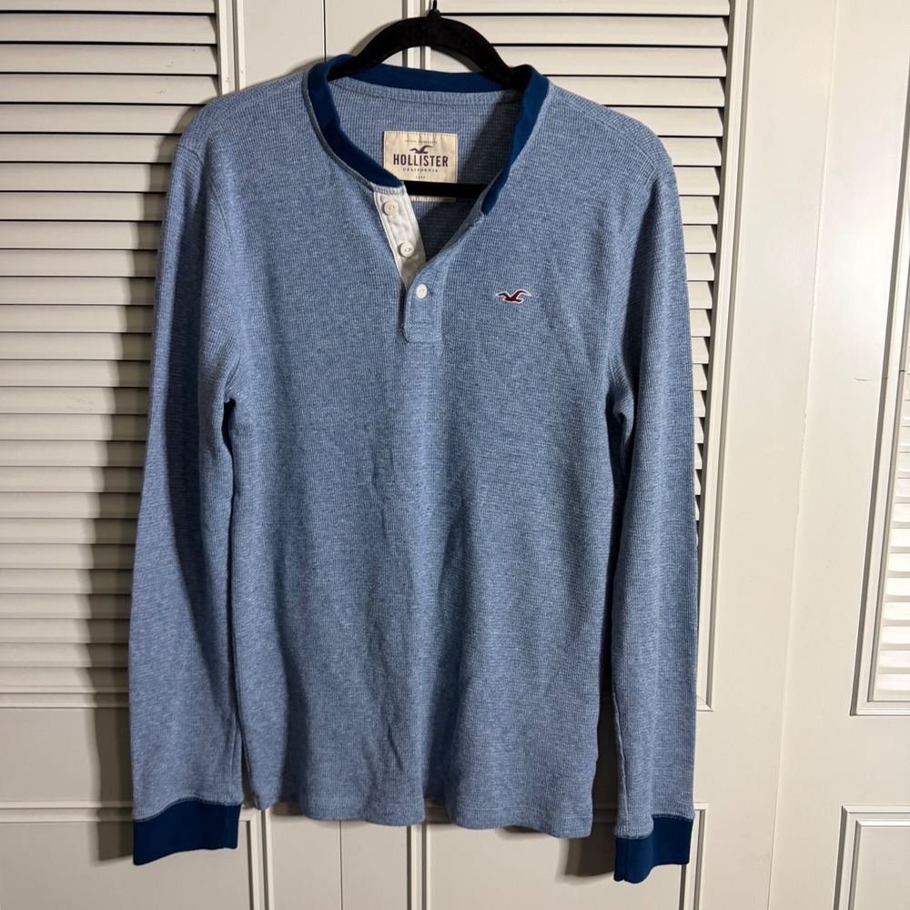 Hollister Mens Blue Waffle Knit Henley Long Sleeve Size M Thermal Y2K VTG